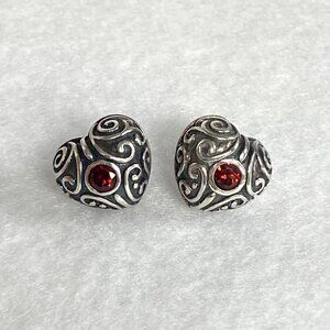 Sterling Silver 925 Dainty Oxidized Scrollwork Garnet Puffy Heart Stud Earrings